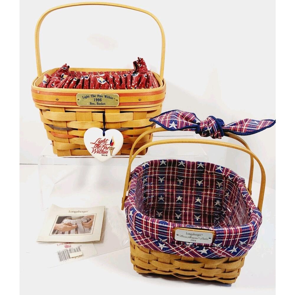 Lot Of 2 Square Longaberger Baskets w/ Handles Liners Tie On Bee Fire Memories